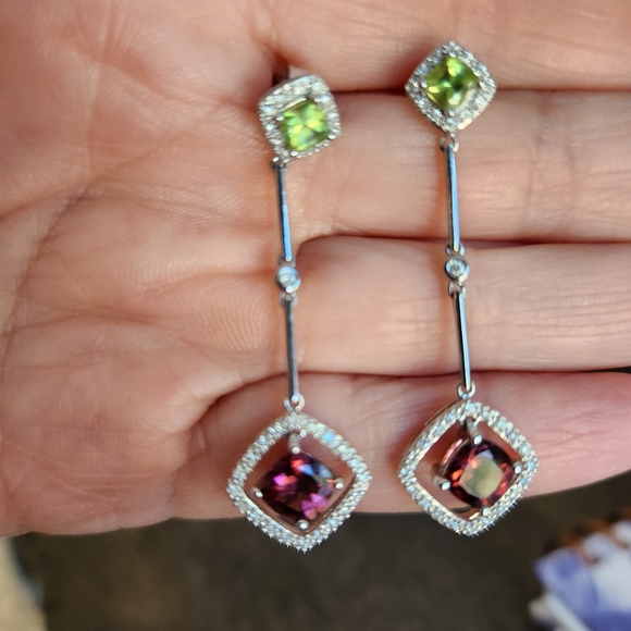 14K White Gold Amethyst, Peridot and Diamond Earrings - Picture 2 of 8